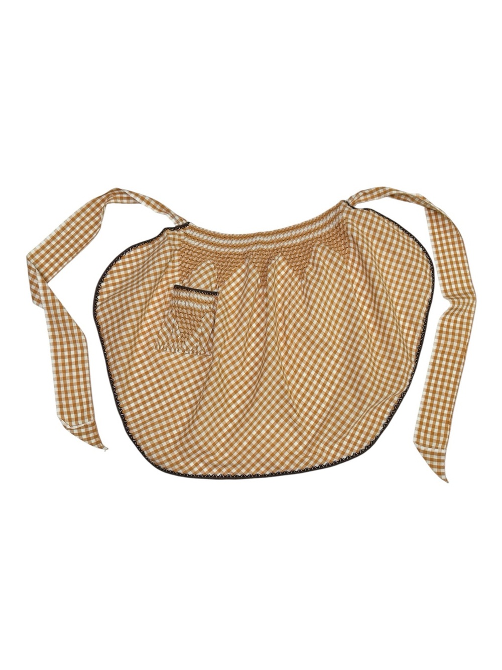 Vintage Gingham Tie-Waist Smocked Apron in Mustard and Brown trim